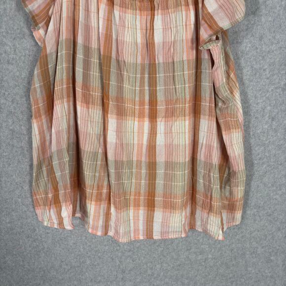 Lucky Brand Top Small Peach Blouse Tank Plaid Ruffle Flowy Rodeo Coastal Cowgirl - Picture 3 of 9